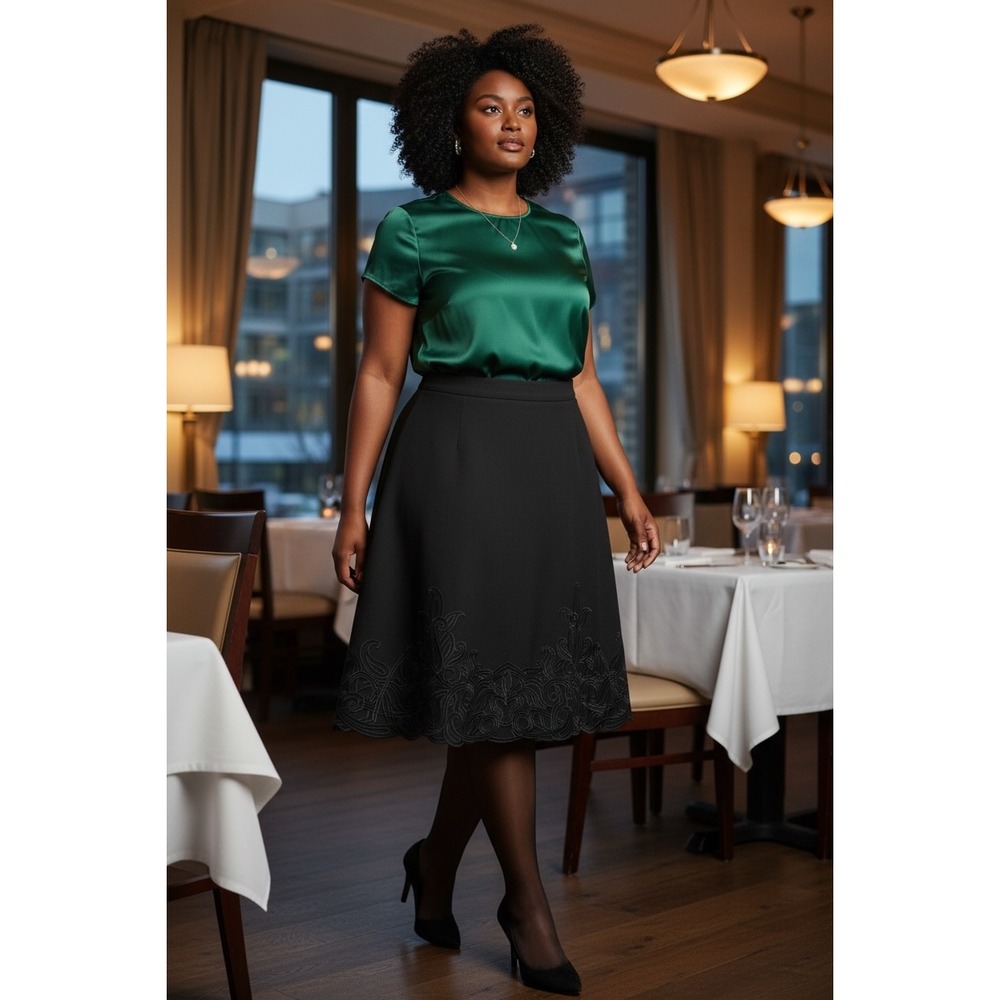 Elegant Black A-Line Skirt with Subtle Embroidered Hem